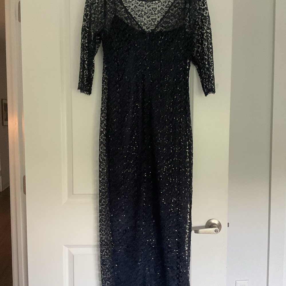 Kay Unger gown size 8 sequin/ lace metallic stitching blue detachable slip - Picture 3 of 8